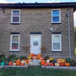 Thanksgiving Decor - a house with pumpkins and gourds in front of it