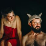 Home Sauna - topless man near woman look at him